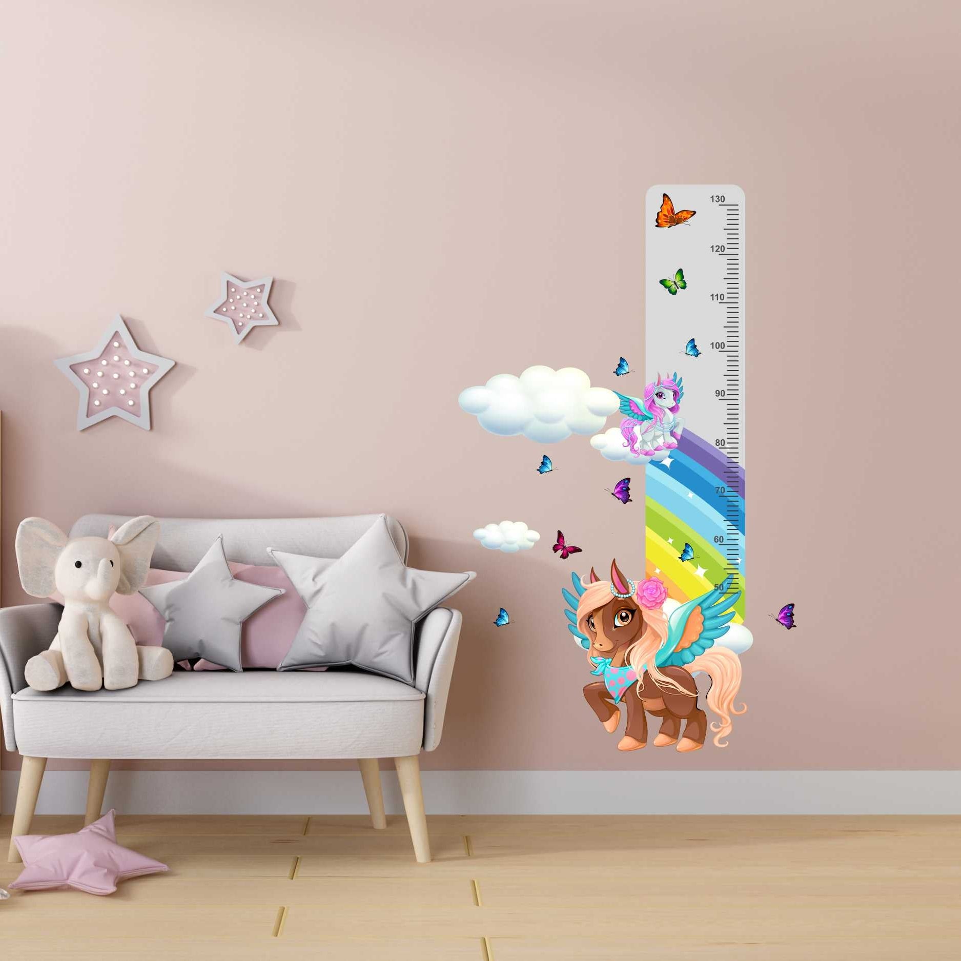 Miarka wzrostu dla dzieci Kolorowa naklejka ścienna kucyki motylki 45x120  ForWalls.eu