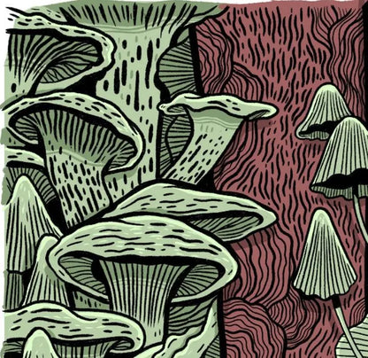 ForWalls.eu - Plakat Grzyby - Minimalist print featuring stylized green and brown mushrooms with textured patterns on a divided background. - Luiza Kwiatkowska, plakat, print