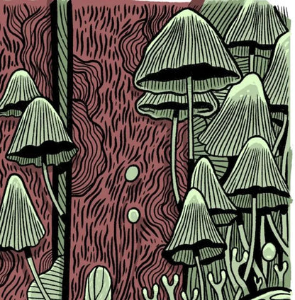 ForWalls.eu - Plakat Grzyby - Minimalist poster featuring stylized green mushrooms with veined caps against a textured dark red wood background. - Luiza Kwiatkowska, plakat, print