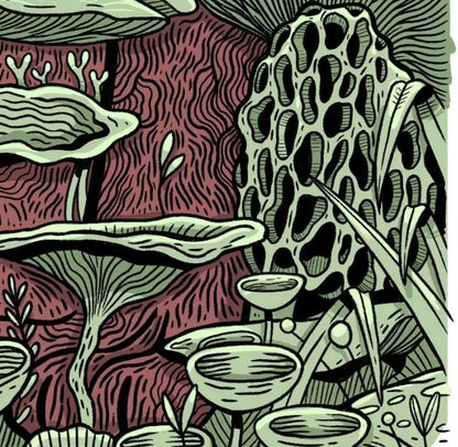 ForWalls.eu - Plakat Grzyby - Minimalist poster featuring detailed green mushrooms and fungi with textured red-brown background and leafy accents. - Luiza Kwiatkowska, plakat, print