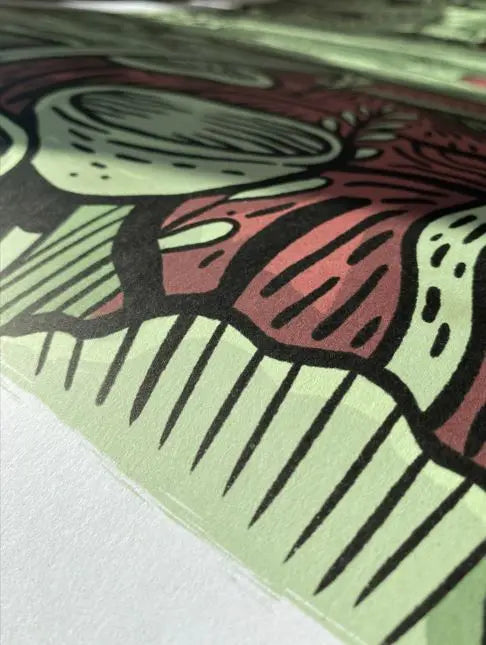 ForWalls.eu - Plakat Grzyby - Minimalist poster featuring stylized mushrooms in muted red, green, and black on a textured off-white background. - Luiza Kwiatkowska, plakat, print