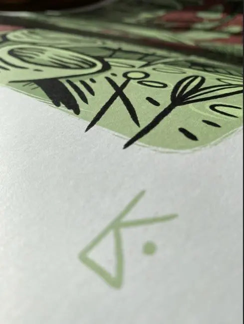 ForWalls.eu - Plakat Grzyby - Minimalist poster corner with green abstract shapes, black botanical line art, and artist's signature on white background. - Luiza Kwiatkowska, plakat, print
