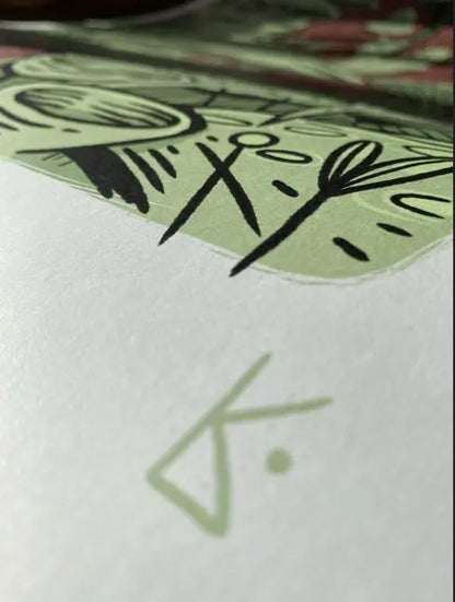 ForWalls.eu - Plakat Grzyby - Minimalist poster corner with green abstract shapes, black botanical line art, and artist's signature on white background. - Luiza Kwiatkowska, plakat, print