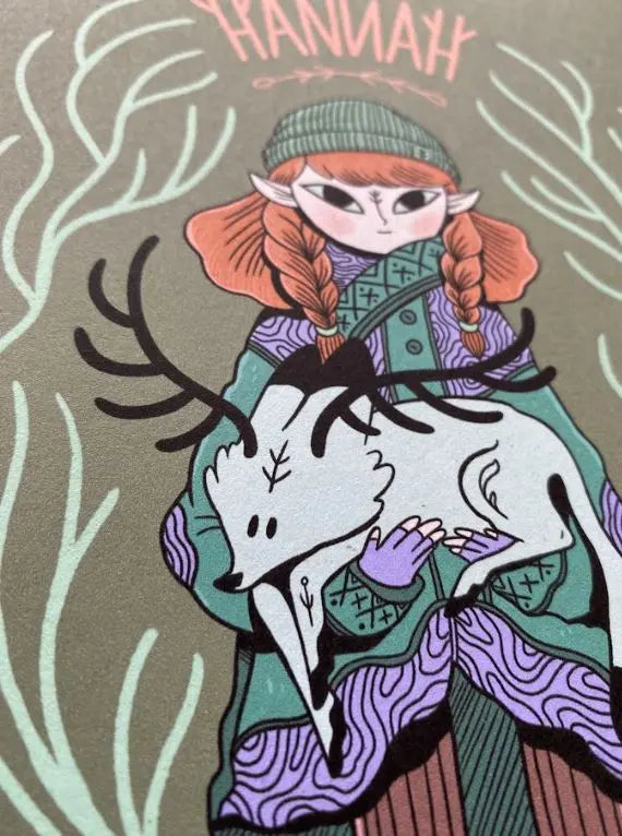 ForWalls.eu - Plakat Hannah - Minimalist illustration of red-haired girl in green hat holding a white deer with black antlers on olive background. - export, Luiza Kwiatkowska, plakat, print