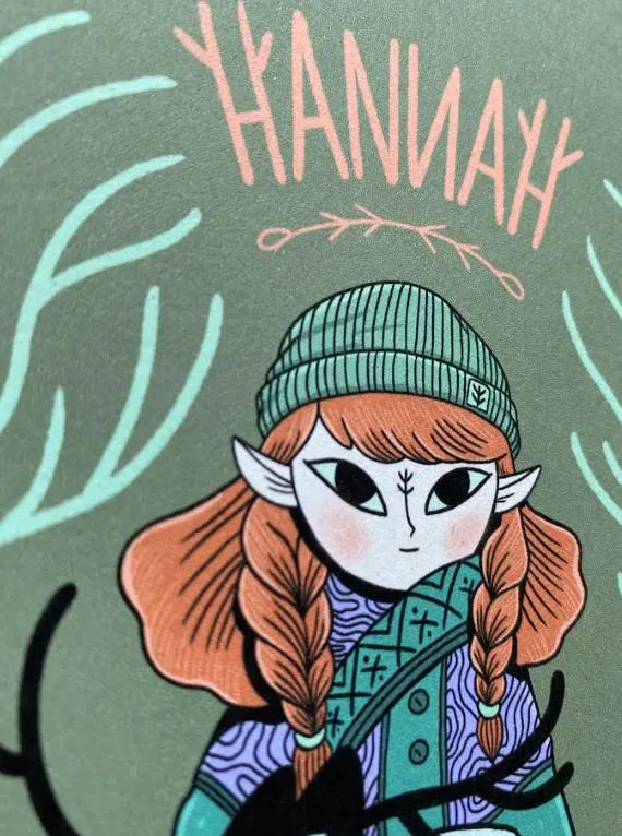 ForWalls.eu - Plakat Hannah - Stylized illustration of a girl with red braids, teal beanie, patterned scarf, and green jacket on muted green background. - export, Luiza Kwiatkowska, plakat, print