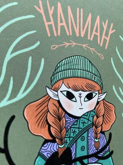 ForWalls.eu - Plakat Hannah - Stylized illustration of a girl with red braids, teal beanie, patterned scarf, and green jacket on muted green background. - export, Luiza Kwiatkowska, plakat, print