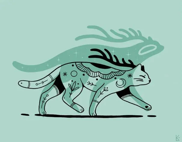 ForWalls.eu - Plakat Kot - Minimalist cat illustration in black and teal with tribal patterns, walking with a large green shadow of a deer behind. - Luiza Kwiatkowska, plakat, print, Soul Animals
