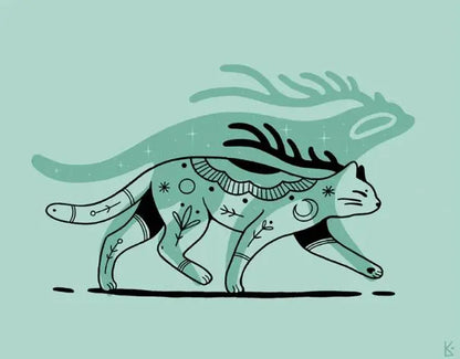ForWalls.eu - Plakat Kot - Minimalist cat illustration in black and teal with tribal patterns, walking with a large green shadow of a deer behind. - Luiza Kwiatkowska, plakat, print, Soul Animals
