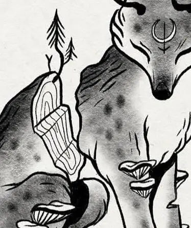 ForWalls.eu - Plakat Las - Black and white minimalist illustration of a fox with abstract tree branches and mushrooms on textured paper. - Luiza Kwiatkowska, plakat, print