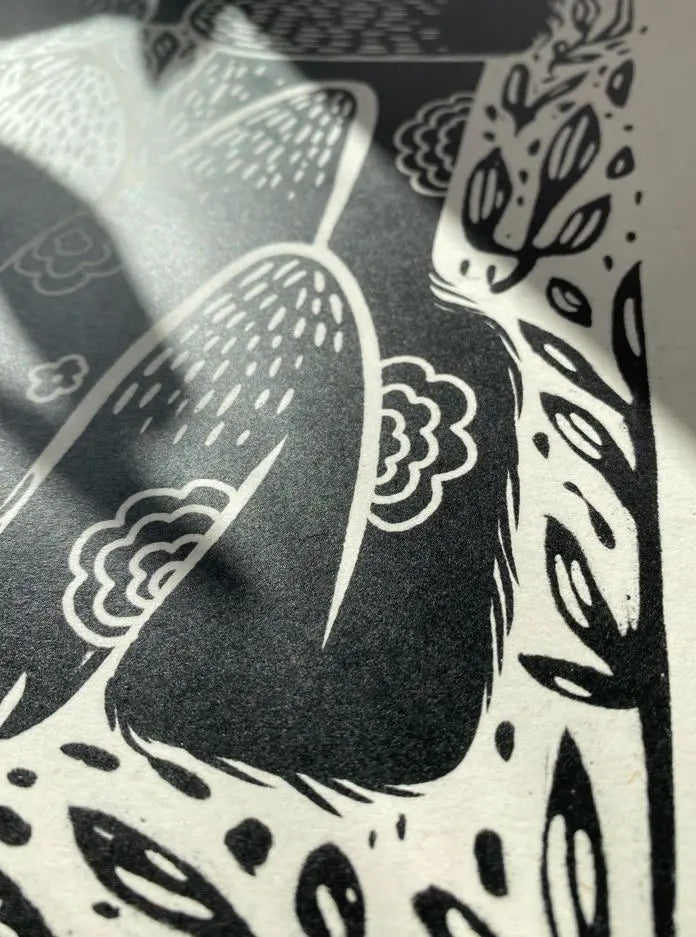 ForWalls.eu - Plakat Lisek - Black and white minimalist poster detail with abstract floral and feather-like patterns on textured paper. - Luiza Kwiatkowska, plakat, print