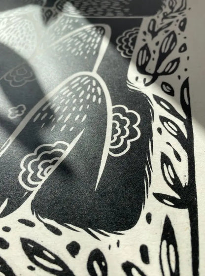 ForWalls.eu - Plakat Lisek - Black and white minimalist poster detail with abstract floral and feather-like patterns on textured paper. - Luiza Kwiatkowska, plakat, print
