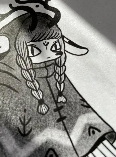 ForWalls.eu - Plakat Lightworker - Black and white minimalist illustration of a girl with braided hair and antlers on a textured paper background. - export, Luiza Kwiatkowska, plakat, print