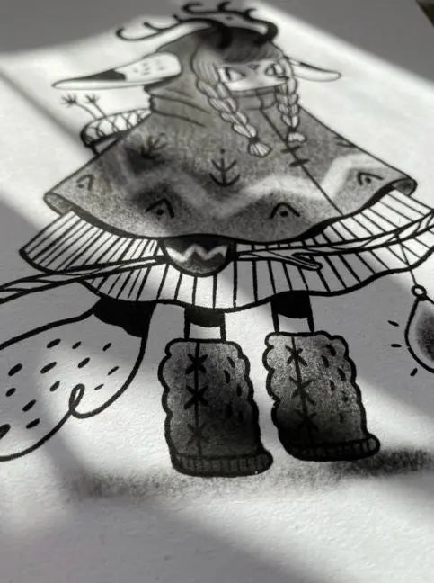 ForWalls.eu - Plakat Lightworker - Minimalist black and white illustration of a figure wearing a decorative tunic and fur-lined boots on textured paper. - export, Luiza Kwiatkowska, plakat, print