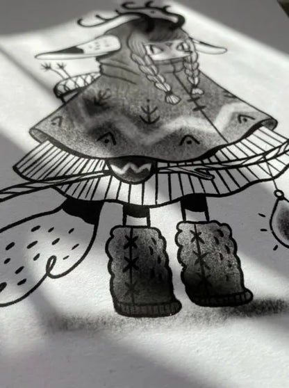 ForWalls.eu - Plakat Lightworker - Minimalist black and white illustration of a figure wearing a decorative tunic and fur-lined boots on textured paper. - export, Luiza Kwiatkowska, plakat, print