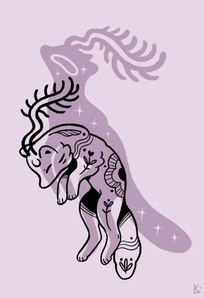 ForWalls.eu - Plakat Lis - Minimalist fox illustration with black lines and floral patterns over a lilac background with soft shadow. - Luiza Kwiatkowska, plakat, print, Soul Animals