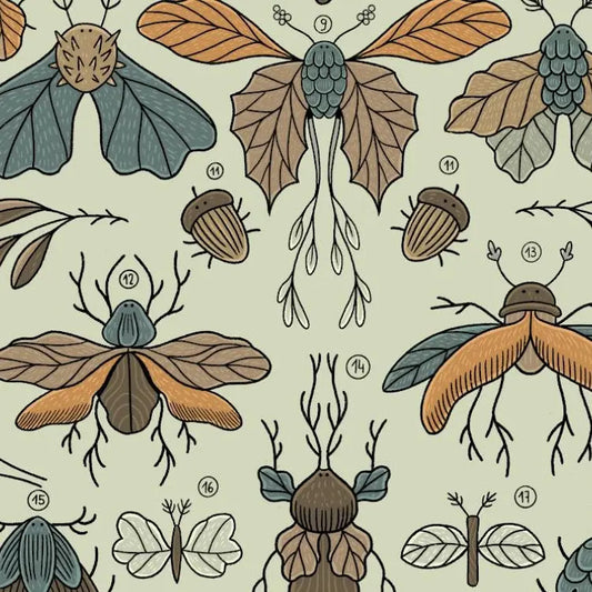 ForWalls.eu - Plakat Liściowce - Minimalist botanical print with stylized brown and teal leaf beetles and insects on a light background. - Luiza Kwiatkowska, plakat, print