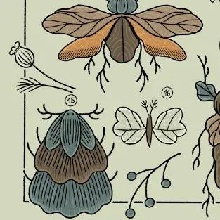 ForWalls.eu - Plakat Liściowce - Minimalist botanical print featuring stylized brown and blue leaves and insects on a light beige background. - Luiza Kwiatkowska, plakat, print