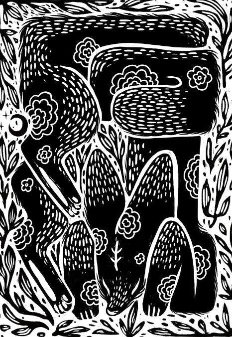 ForWalls.eu - Plakat Lisek - Black and white minimalist fox illustration with floral and leaf patterns, bold lines, and textured details. - Luiza Kwiatkowska, plakat, print
