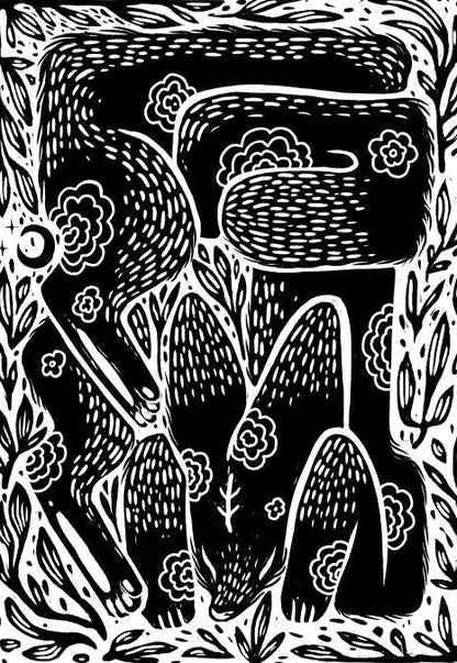 ForWalls.eu - Plakat Lisek - Black and white minimalist fox illustration with floral and leaf patterns, bold lines, and textured details. - Luiza Kwiatkowska, plakat, print