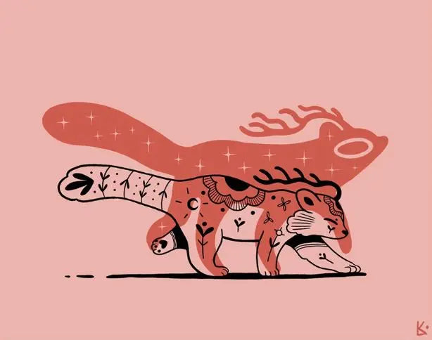 ForWalls.eu - Plakat Panda - Minimalist illustration of a walking fox with a red shadow silhouette and black tribal markings on a pink background. - Luiza Kwiatkowska, plakat, print, Soul Animals