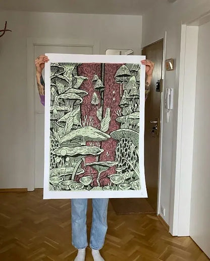 ForWalls.eu - Plakat Grzyby - Minimalist poster featuring detailed green and red botanical illustration of various mushroom species on white background. - Luiza Kwiatkowska, plakat, print