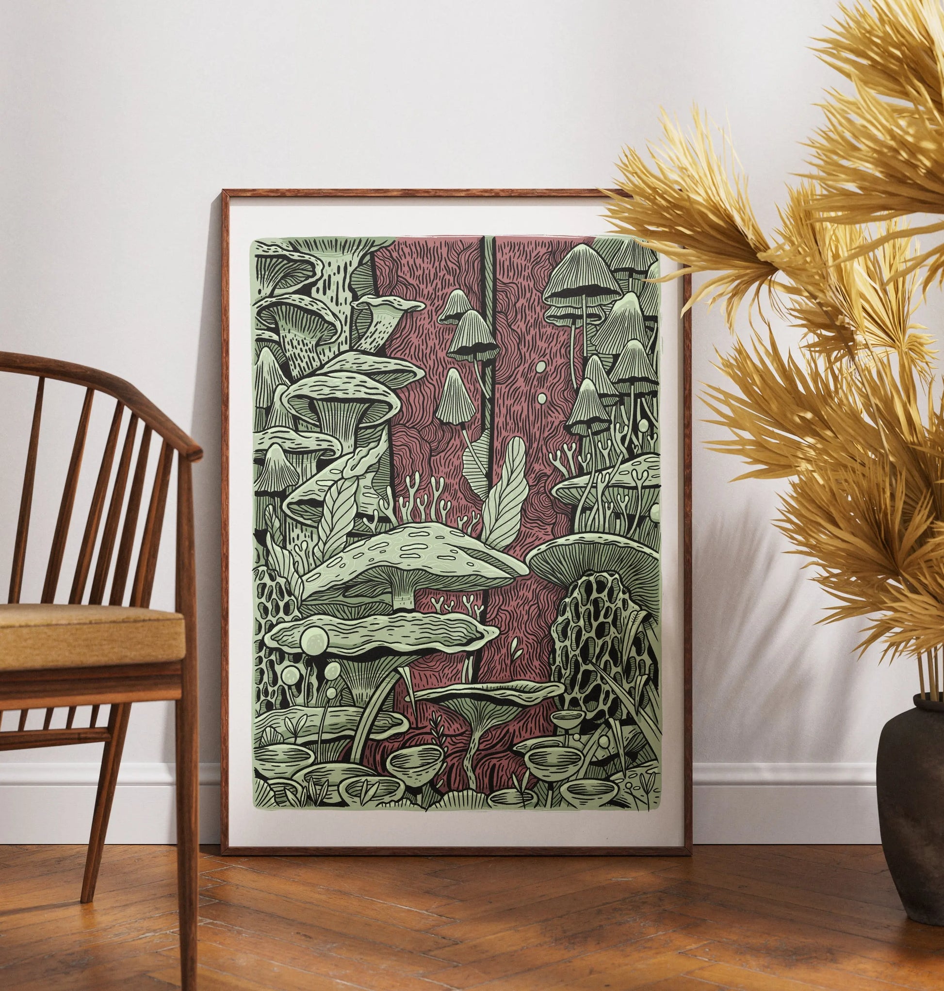 ForWalls.eu - Plakat Grzyby - Detailed botanical poster featuring various green mushrooms and fungi on a muted red textured background. - Luiza Kwiatkowska, plakat, print