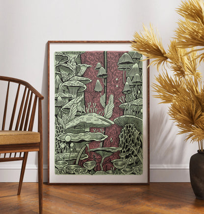 ForWalls.eu - Plakat Grzyby - Detailed botanical poster featuring various green mushrooms and fungi on a muted red textured background. - Luiza Kwiatkowska, plakat, print