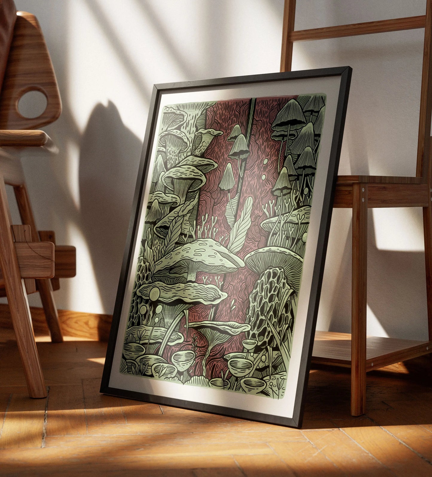 ForWalls.eu - Plakat Grzyby - Framed poster leaning against wooden easel with mushrooms illustration in green and burgundy tones. - Luiza Kwiatkowska, plakat, print
