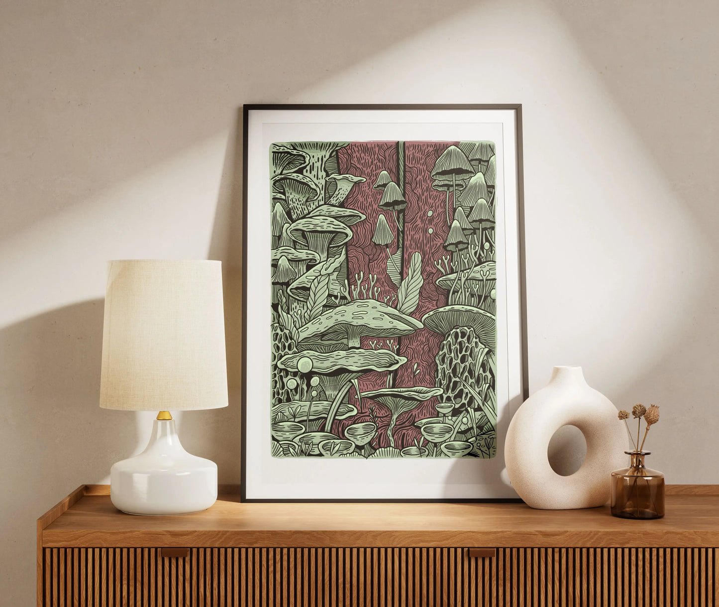 ForWalls.eu - Plakat Grzyby - Framed Plakat Grzyby poster with detailed green and brown mushroom illustrations on wooden sideboard with lamp and vase. - Luiza Kwiatkowska, plakat, print