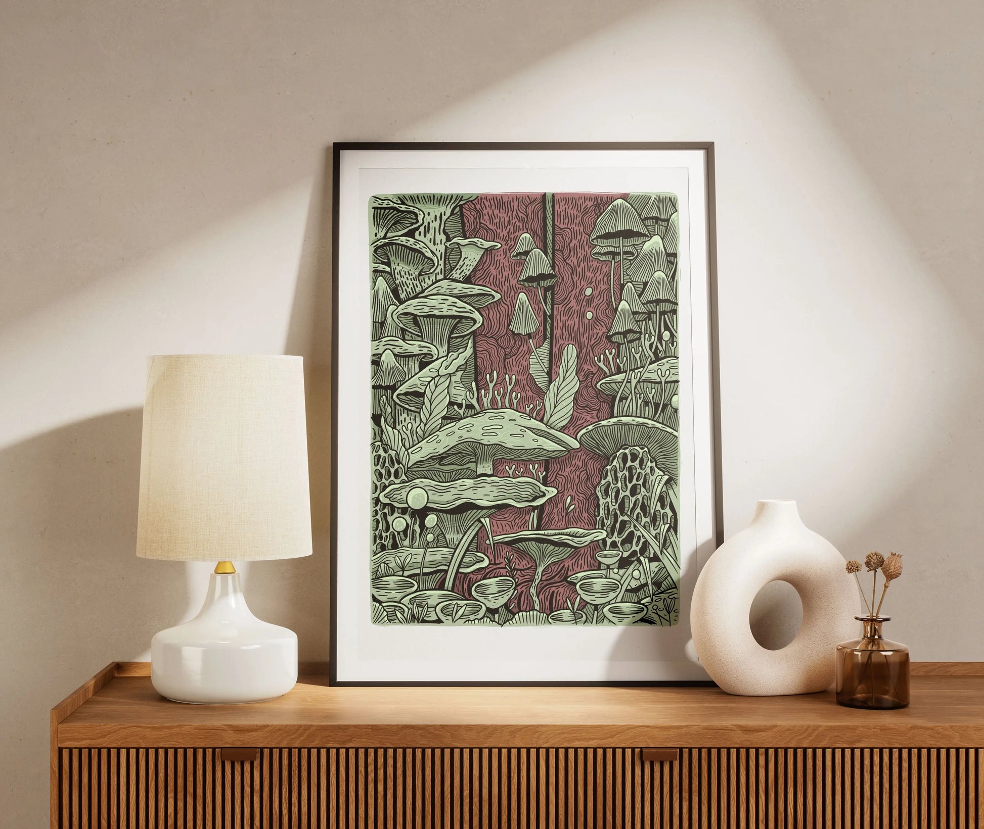 ForWalls.eu - Plakat Grzyby - Framed Plakat Grzyby poster with detailed green and brown mushroom illustrations on wooden sideboard with lamp and vase. - Luiza Kwiatkowska, plakat, print