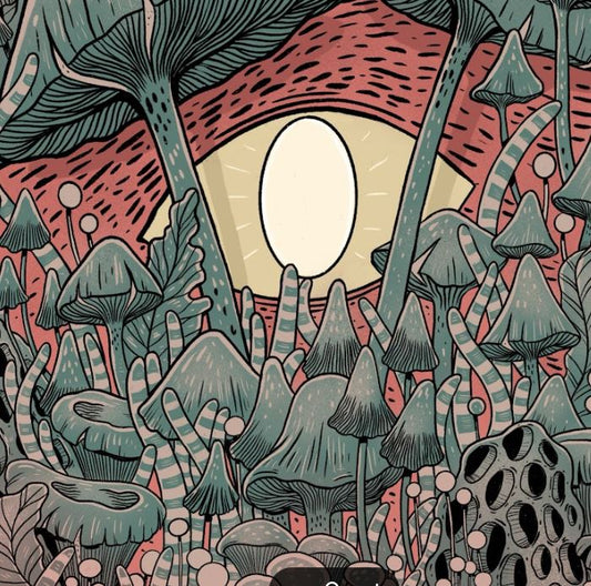 ForWalls.eu - Plakat Sekret - Surreal forest scene with green mushrooms, striped stems, and a bright oval light in the center against red sky. - Luiza Kwiatkowska, plakat, print