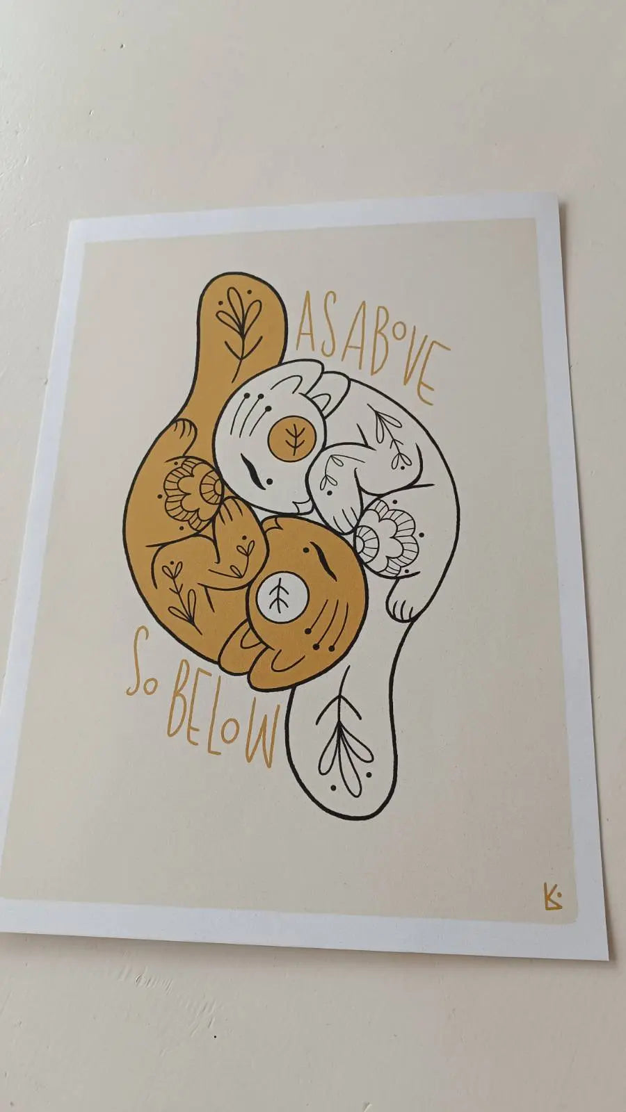 ForWalls.eu - Plakat Równowaga - Minimalist yin-yang style poster with a brown tree and white sleeping fox intertwined, text "As Above So Below" in orange. - export, Luiza Kwiatkowska, plakat, print