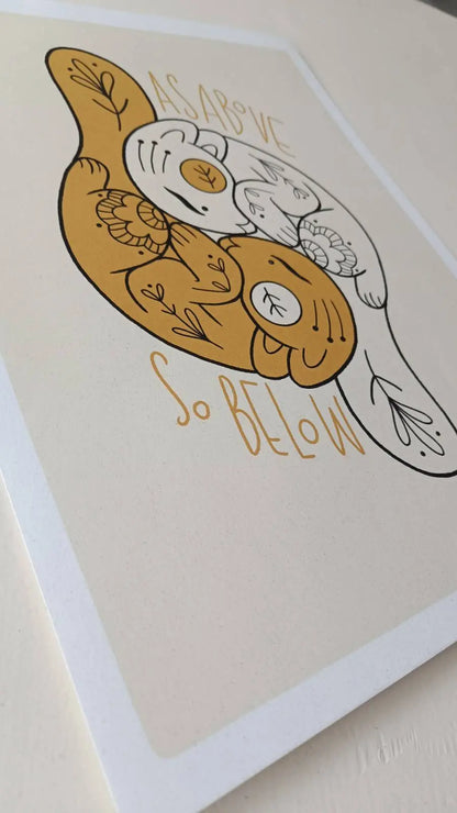 ForWalls.eu - Plakat Równowaga - Minimalist Yin-Yang design with mustard yellow and black organic shapes on off-white poster, "So Below" text below. - export, Luiza Kwiatkowska, plakat, print