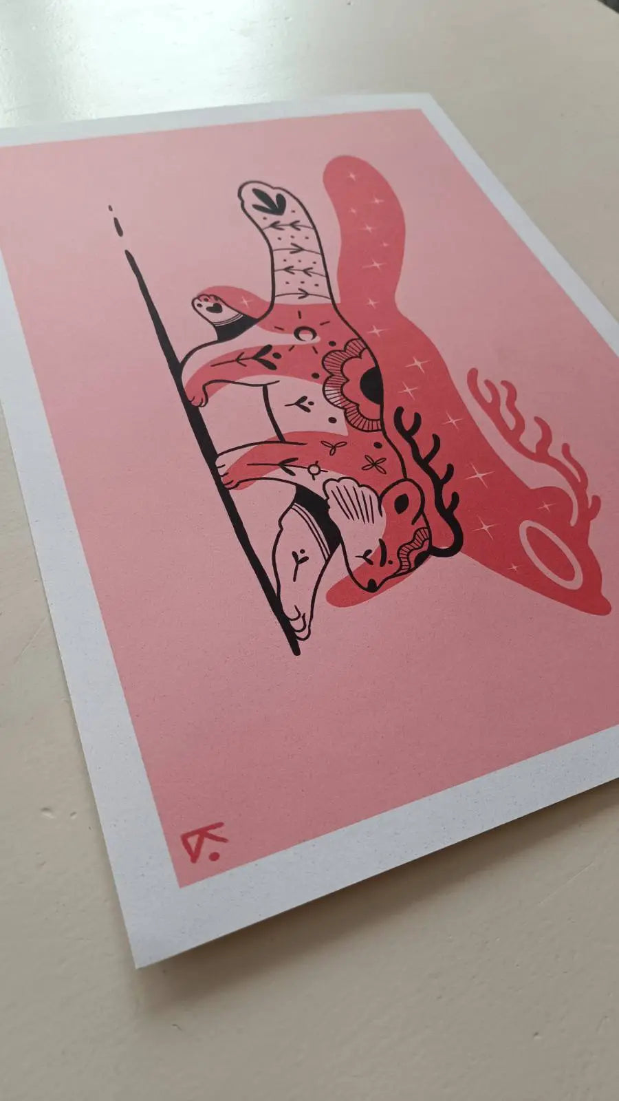ForWalls.eu - Plakat Panda - Minimalist pink poster featuring an abstract panda illustration with black and white shapes and coral-red accents. - Luiza Kwiatkowska, plakat, print, Soul Animals