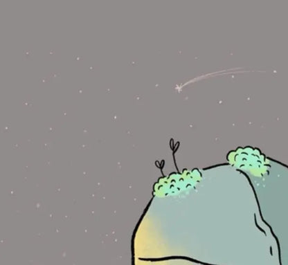 ForWalls.eu - Plakat Miłość - Minimalist poster featuring a green hill with small plants and a gray starry sky with a shooting star streaking across. - Luiza Kwiatkowska, plakat, print