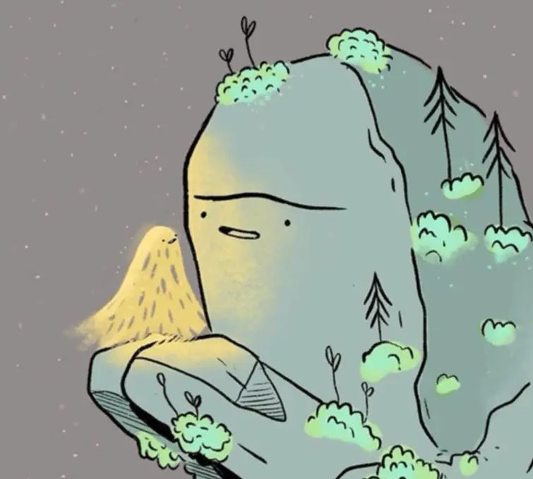 ForWalls.eu - Plakat Miłość - Minimalist illustration of a gray mountain with small green trees and shrubs, under a starry dark sky background. - Luiza Kwiatkowska, plakat, print