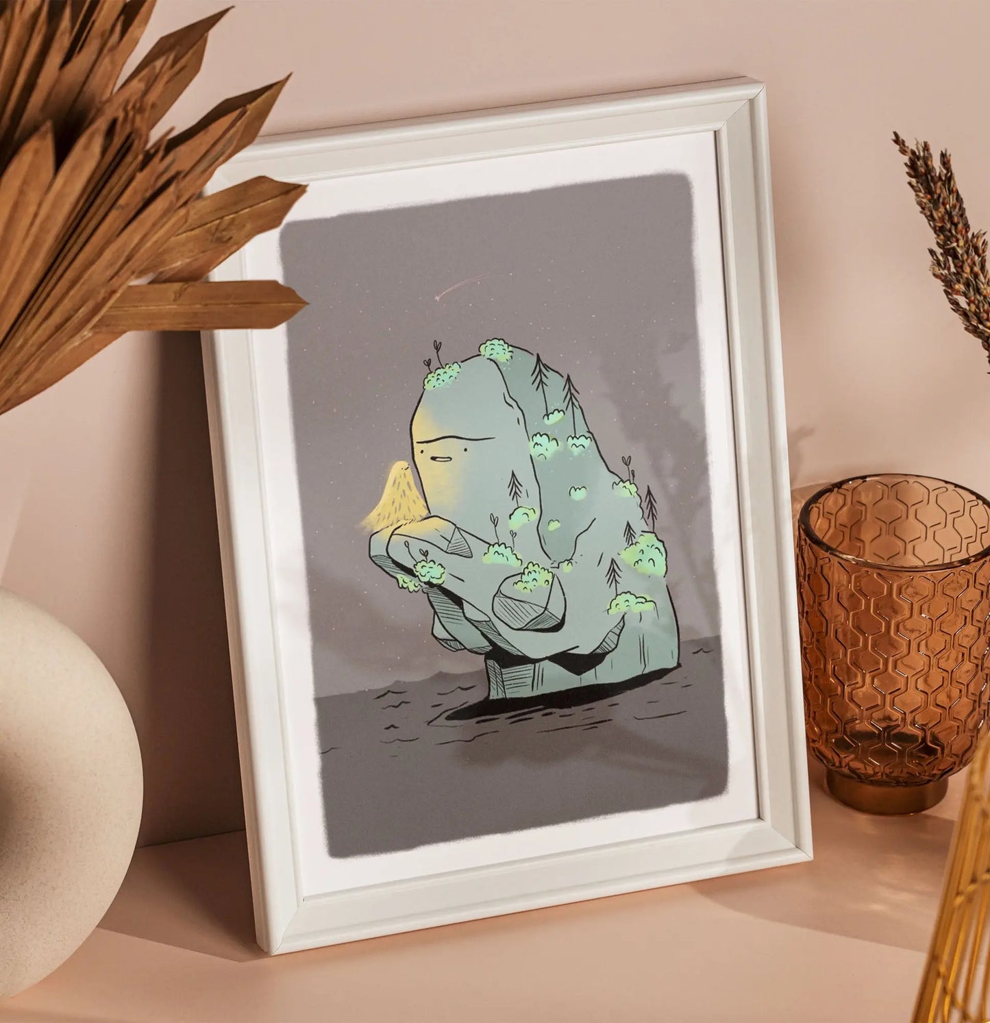 ForWalls.eu - Plakat Miłość - Minimalist print featuring an abstract green figure with glowing accents on a muted gray background in white frame. - Luiza Kwiatkowska, plakat, print