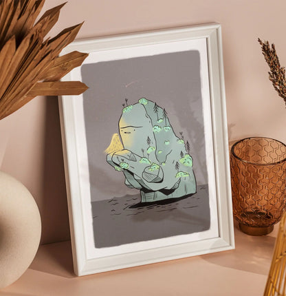 ForWalls.eu - Plakat Miłość - Minimalist print featuring an abstract green figure with glowing accents on a muted gray background in white frame. - Luiza Kwiatkowska, plakat, print