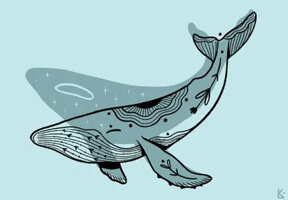 ForWalls.eu - Plakat Wieloryb - Minimalist whale illustration with black line patterns on a light blue background, signed with initials "K.". - Luiza Kwiatkowska, plakat, print, Soul Animals