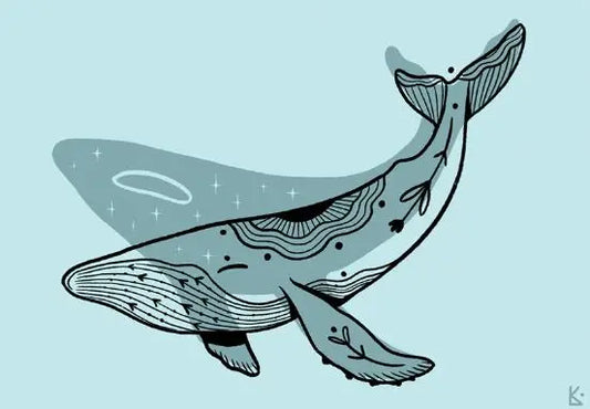 ForWalls.eu - Plakat Wieloryb - Minimalist whale illustration with black line patterns on a light blue background, signed with initials "K.". - Luiza Kwiatkowska, plakat, print, Soul Animals