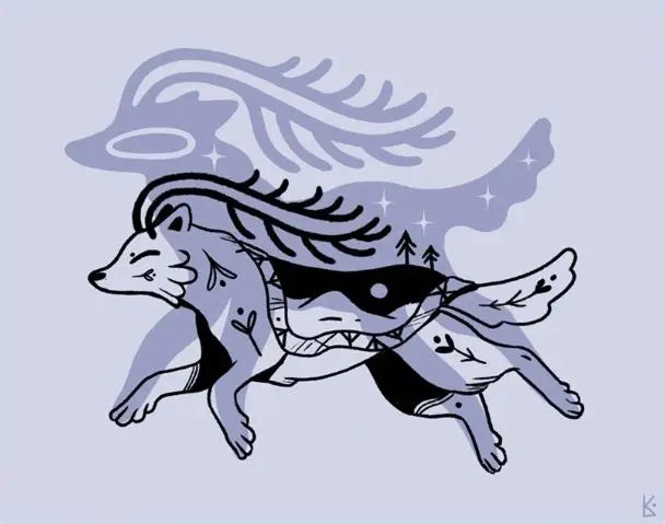 ForWalls.eu - Plakat Wilk - Minimalist wolf illustration with layered shapes in blue and black, tribal patterns, and a spirit-like double outline on. - Luiza Kwiatkowska, plakat, print, Soul Animals